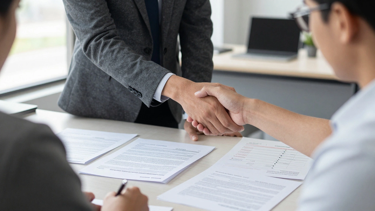 Landlord and housing authority reviewing lease documents in an office