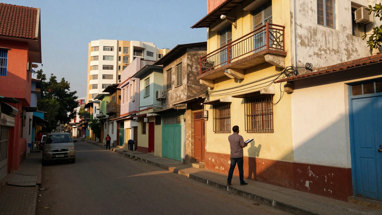 Person inspecting building exterior in Indian urban neighborhood