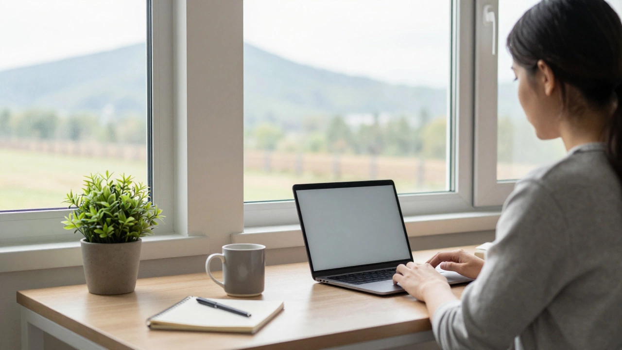 Remote worker in a sunny home office overlooking a scenic rural landscape