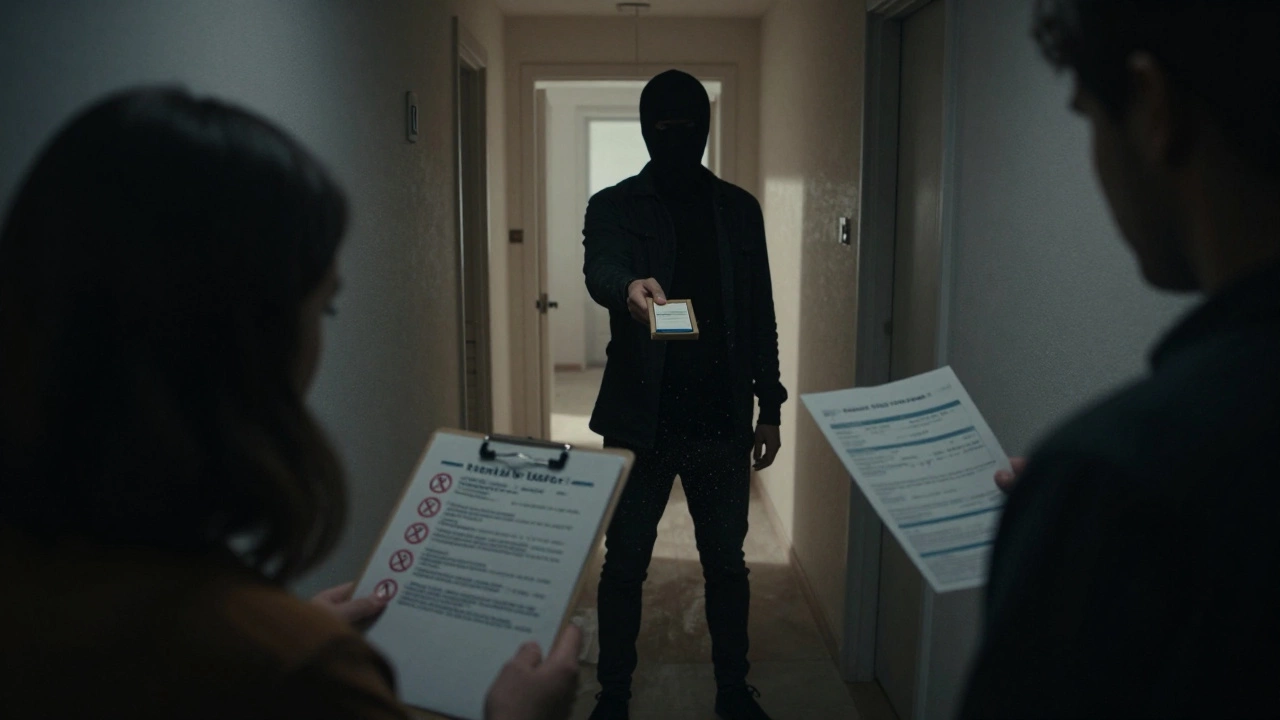 Shadowy landlord demanding payment in empty apartment, signaling rental scam