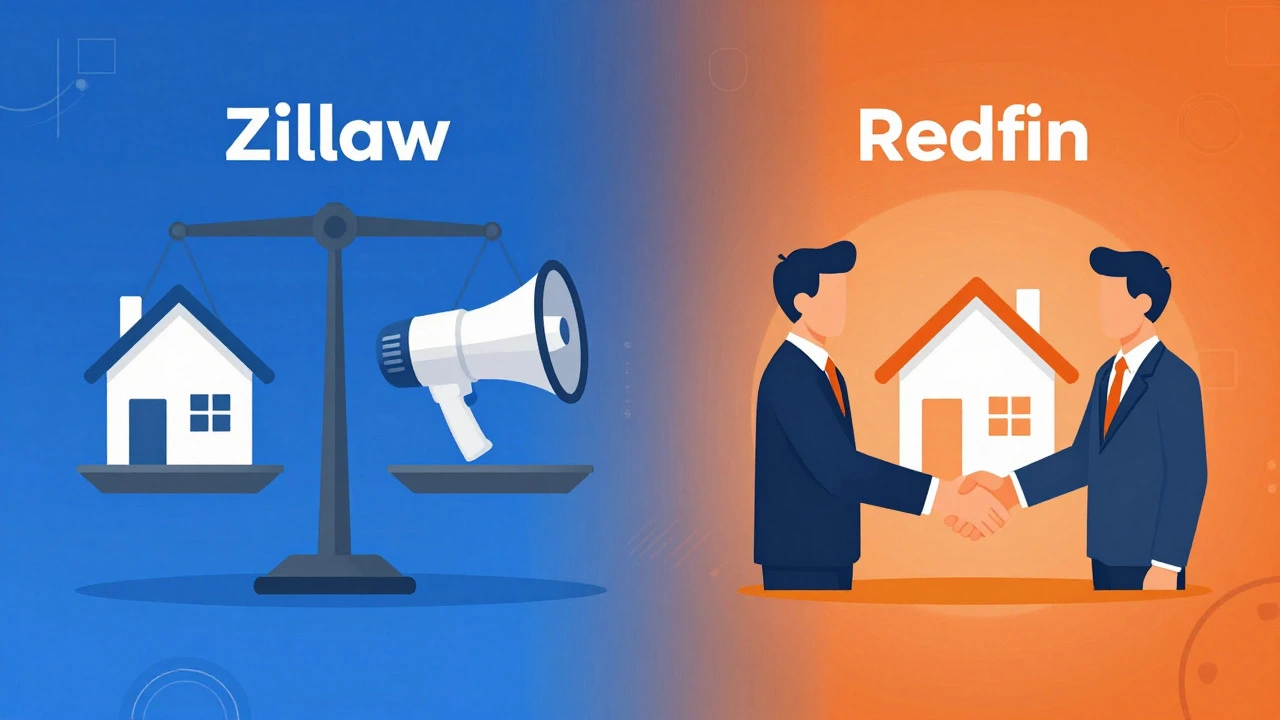 Split image comparing ad-based vs commission-based real estate models