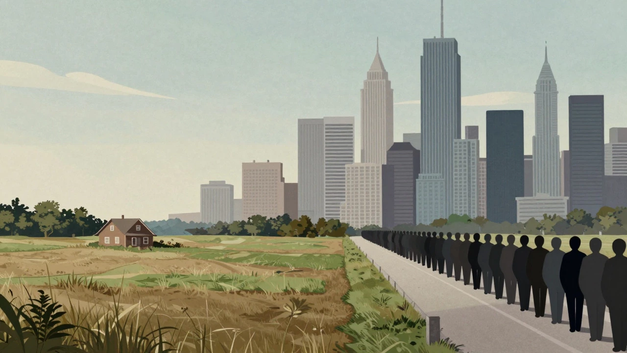 Split view contrasting rural housing availability with urban waitlists
