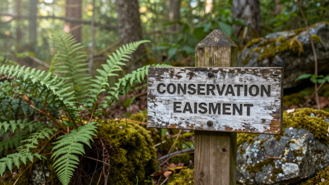 Close-up of a forest boundary marker representing conservation easements
