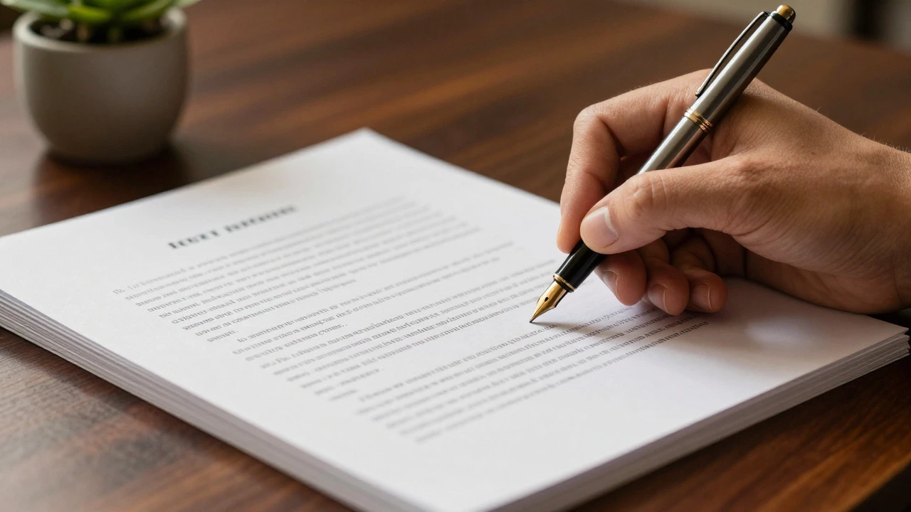 Hand signing a stack of legal documents with a fountain pen