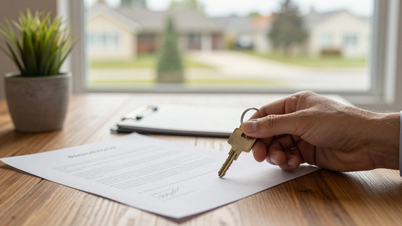 Hands placing house keys on a table near a signed document