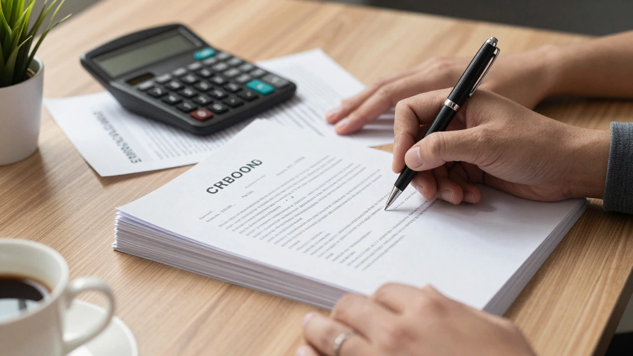 Hands signing a legal document on a desk with a calculator nearby
