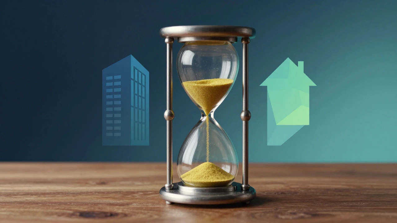 Hourglass with golden sand next to abstract building shapes on a desk