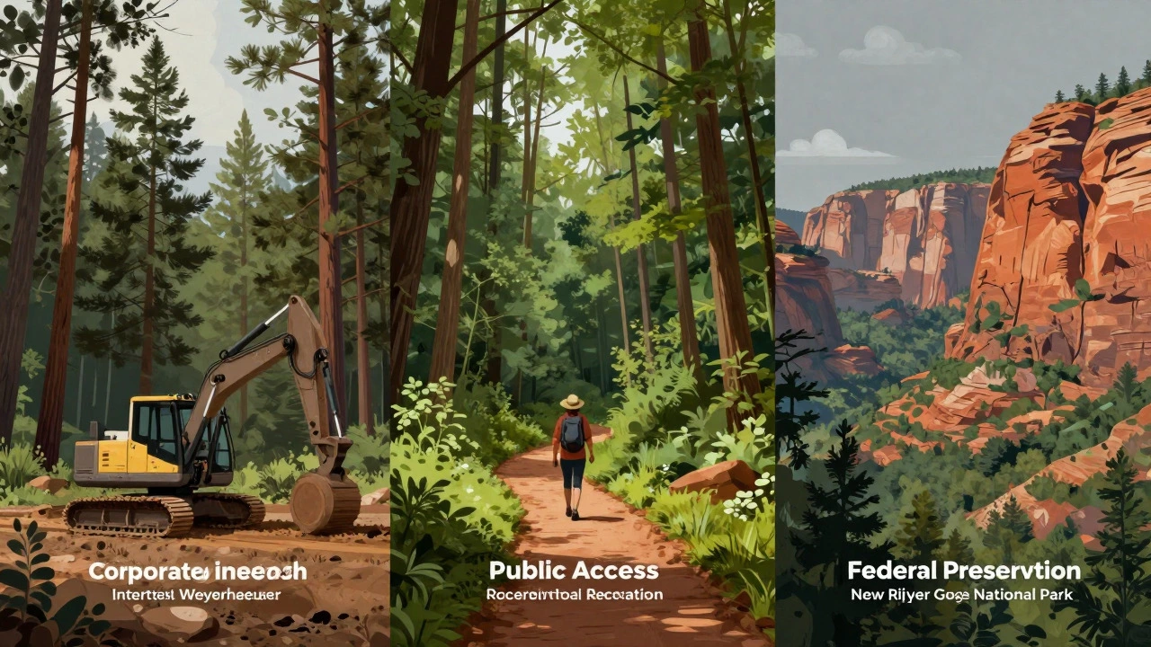 Illustration contrasting corporate timber, state forests, and national parks in WV