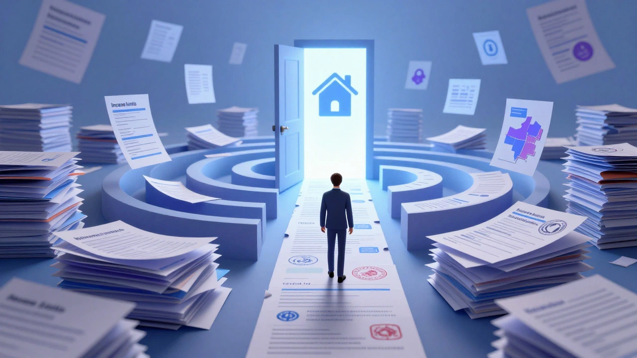Illustration of a person navigating a maze of housing applications