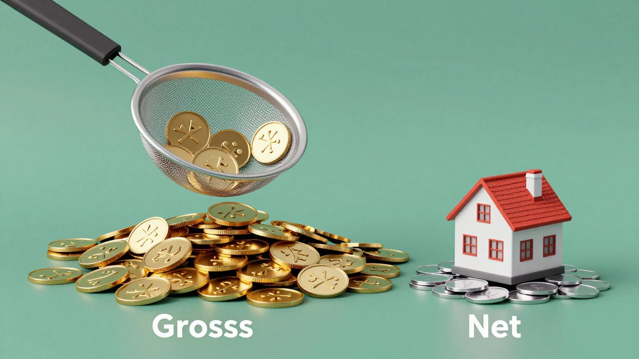 Illustration showing gold coins filtering into smaller silver pile next to a house model