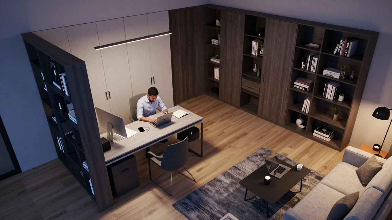 Open-plan apartment layout with dual work-from-home zones