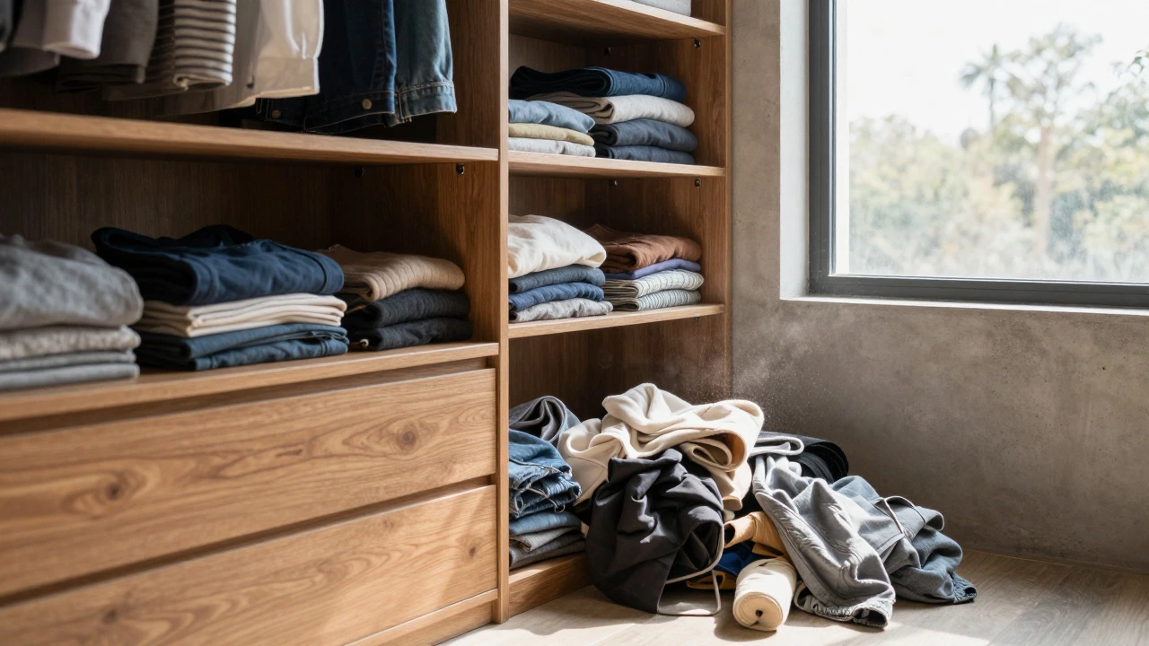 Organized closet storage contrasted with cluttered floor space