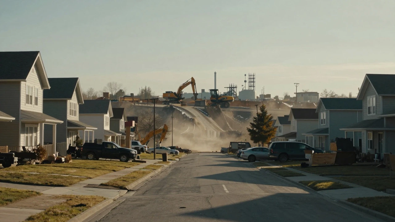 Residential street overshadowed by noisy construction infrastructure