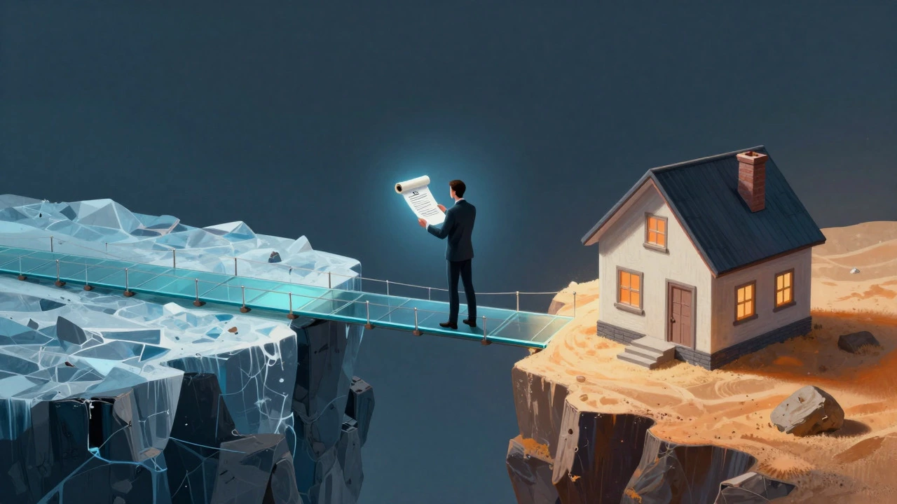 Surreal illustration of a person standing on a bridge between safe and risky housing options