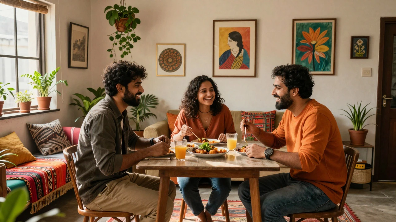 Three roommates sharing a meal in a colorful, cozy shared living space