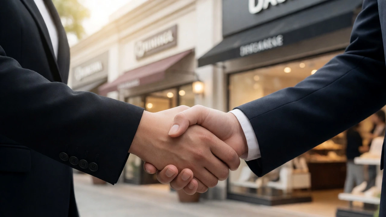 Business handshake in front of a busy retail shopping center