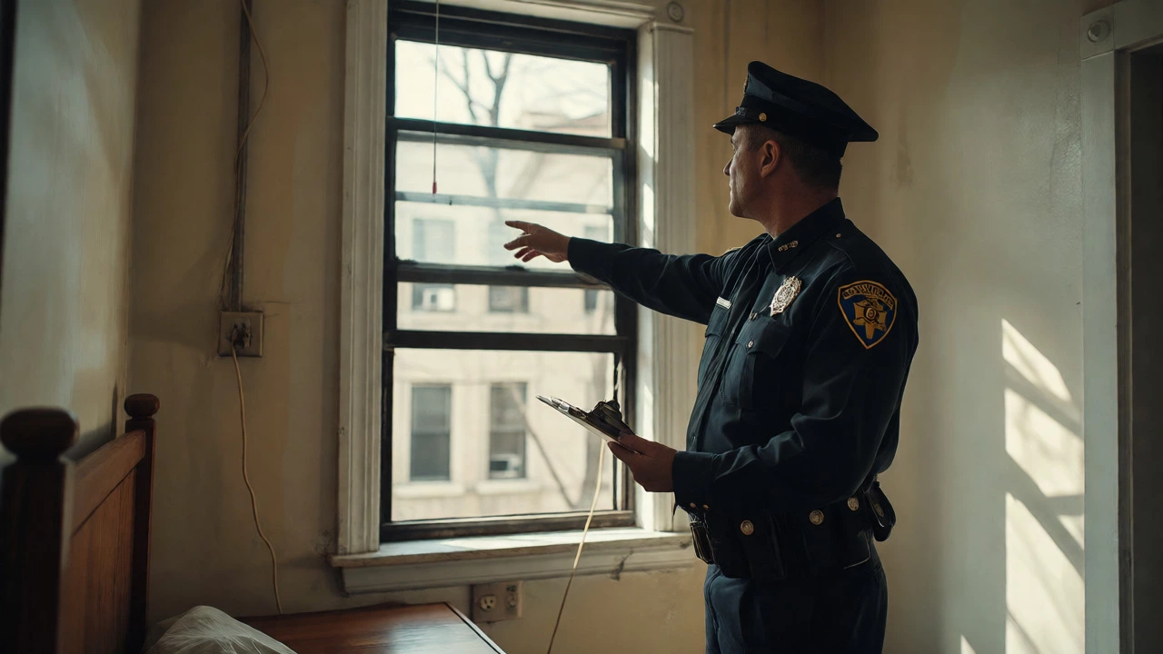 City inspector checking a bedroom window and electrical outlets during a rental property inspection.