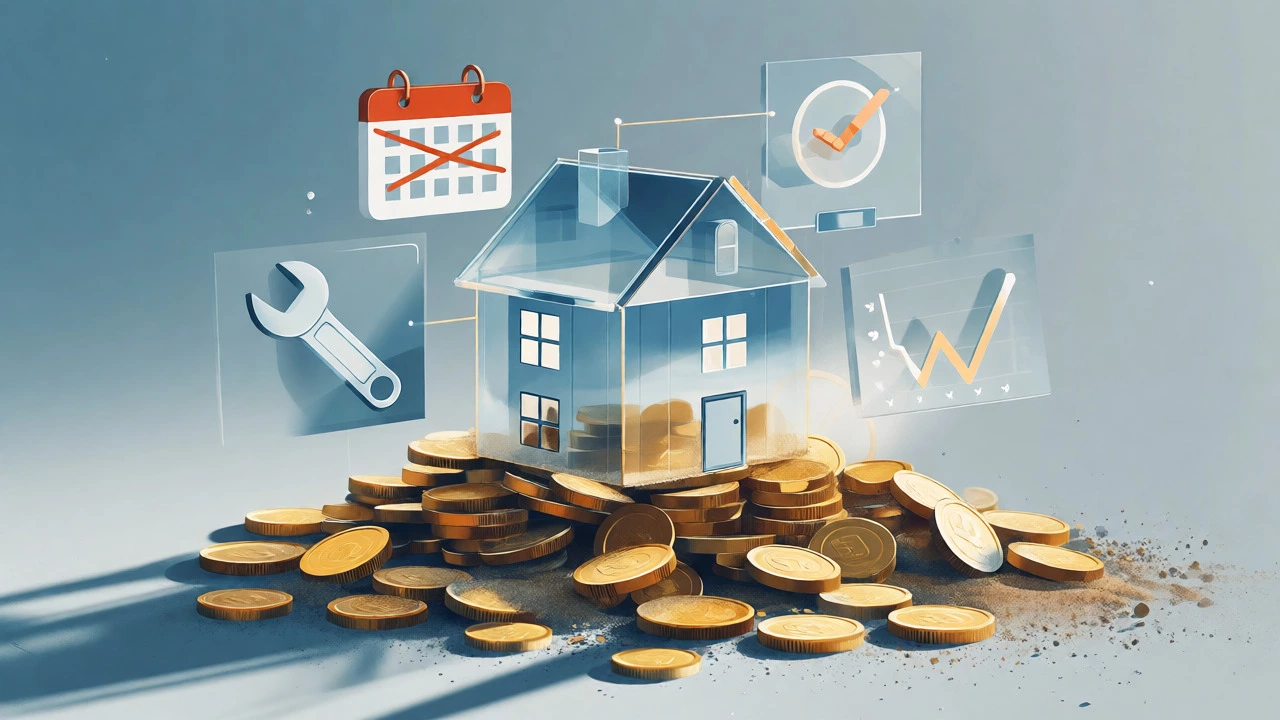 Conceptual art showing a glass house on depreciating gold coins