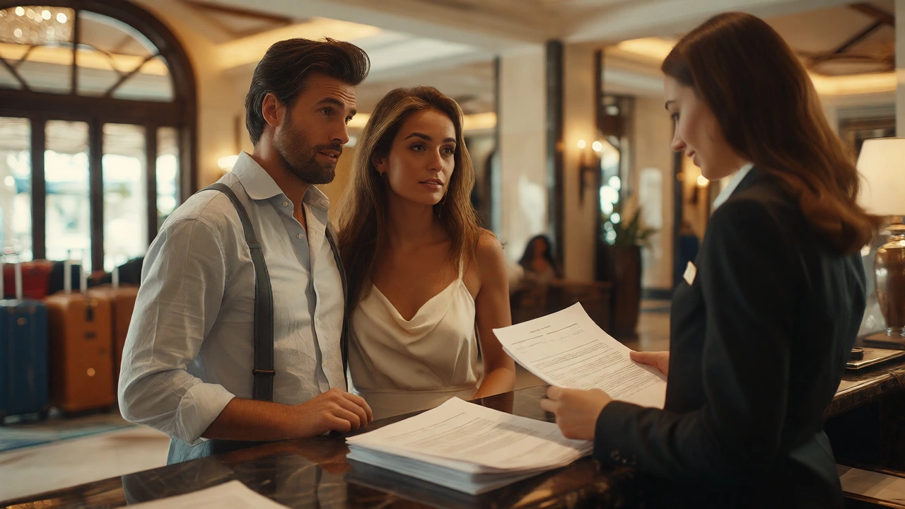 Couple reviewing timeshare contracts with a resort concierge
