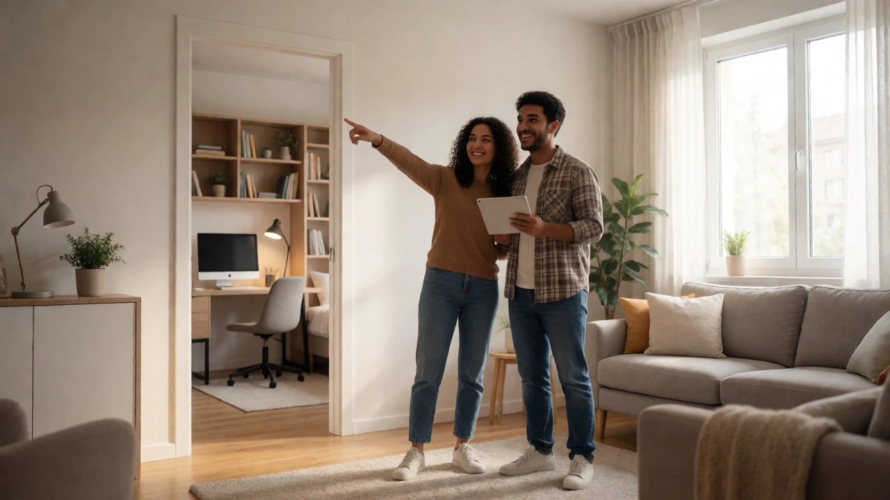 Couple viewing apartment with home office conversion