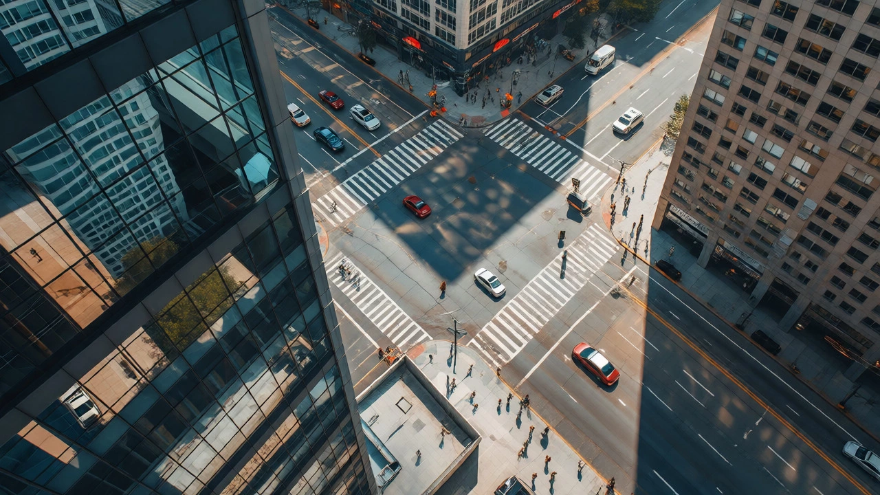 Drone view of busy city streets and a reflective skyscraper