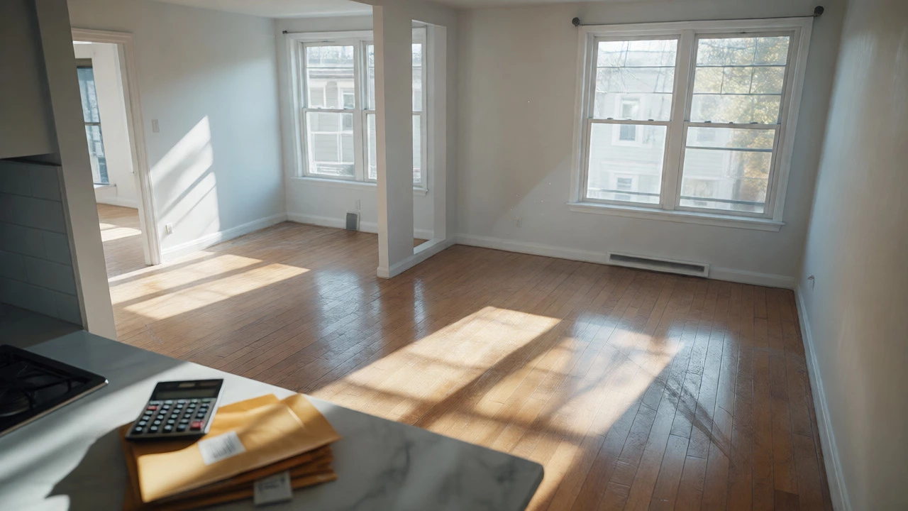 Empty sunlit apartment interior with clean floors and a calculator on the counter, signifying move-out.