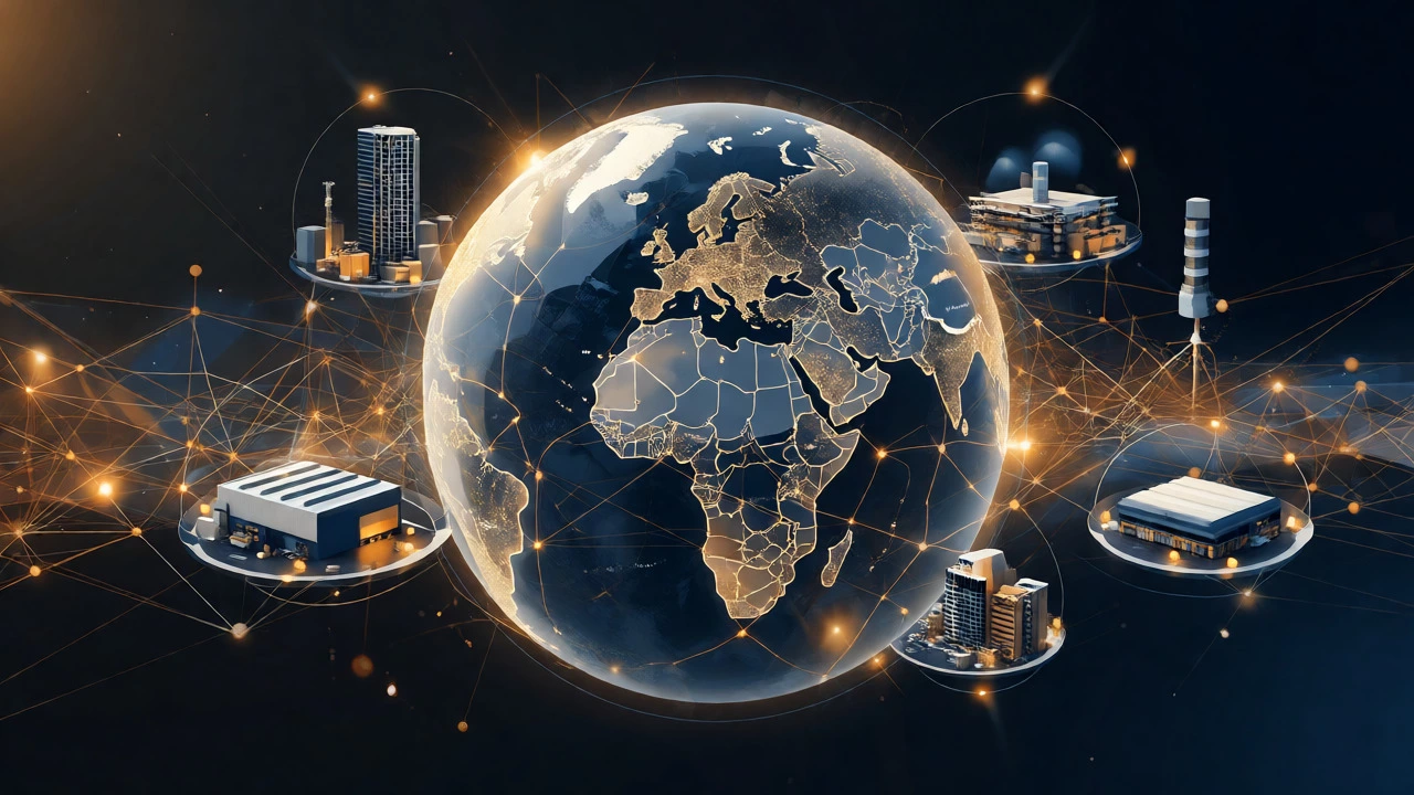Glowing globe with connected cities and floating building icons