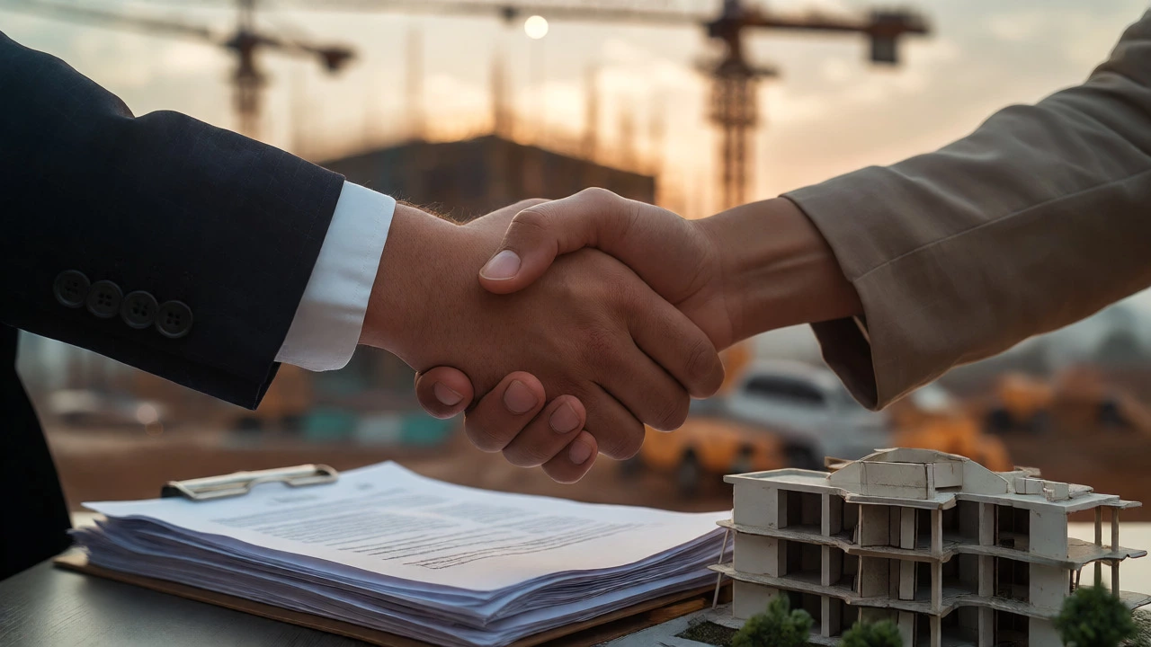 Handshake over contracts symbolizing partnership in real estate