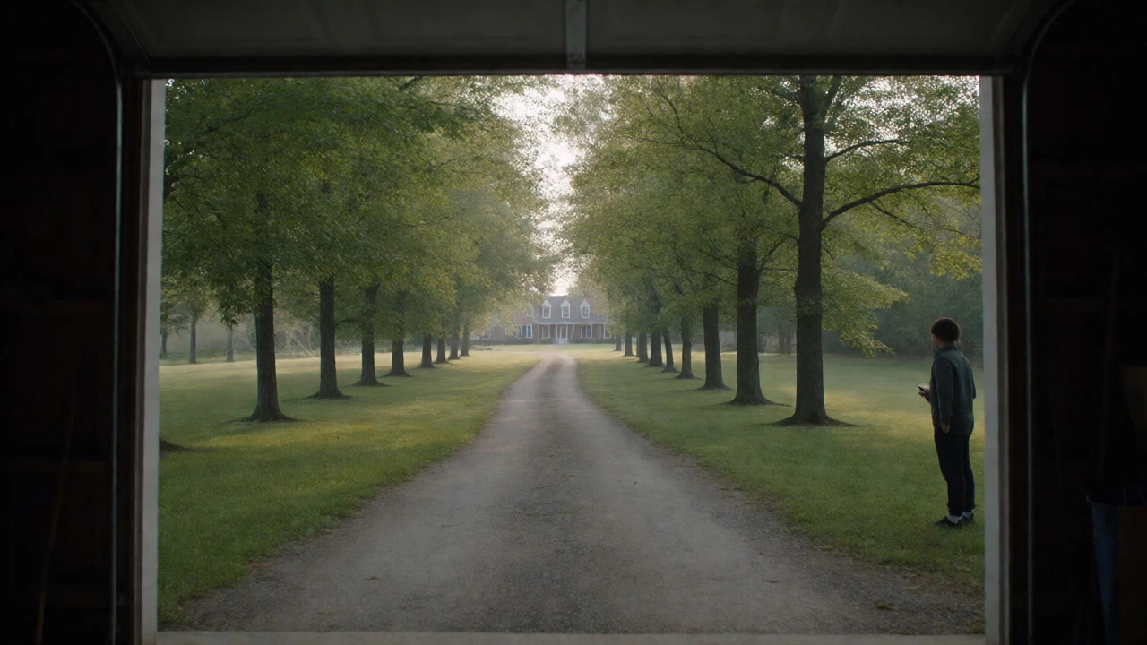 Person standing in a detached garage looking at a distant house across a long driveway on a large property.