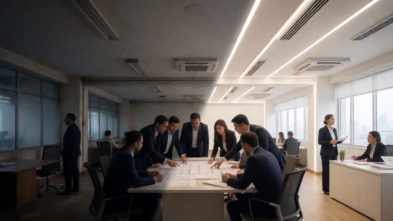 Professionals reviewing plans during a property renovation transformation