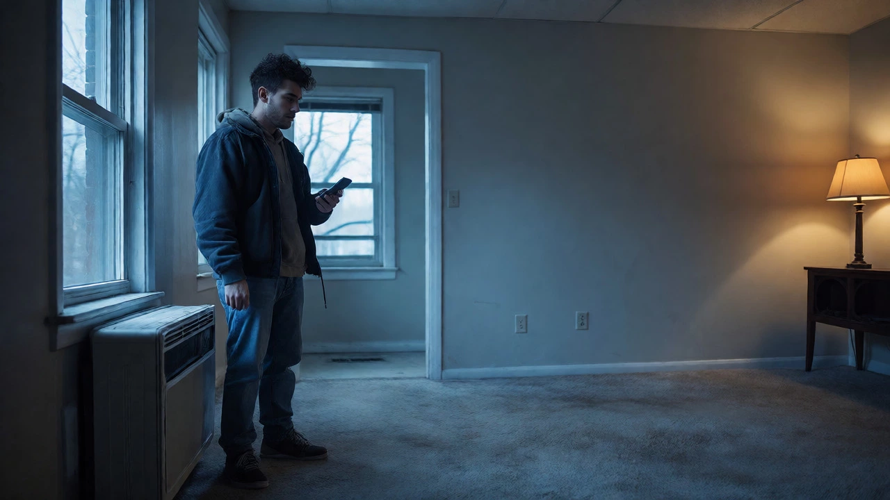 Tenant inspecting a heating unit in a cool-toned apartment, holding a phone to document repairs.