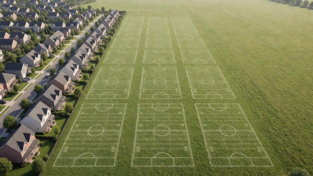 Visual comparison of a suburban lot versus a massive 20-acre rural field with football field overlays.