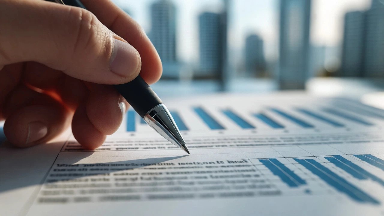 Close-up of hand holding pen over document with blurred city background