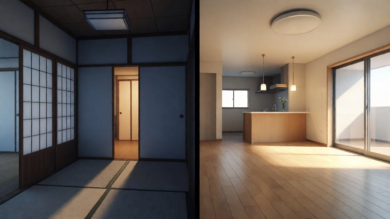 Comparison of cramped traditional layout versus spacious open LDK apartment with better light