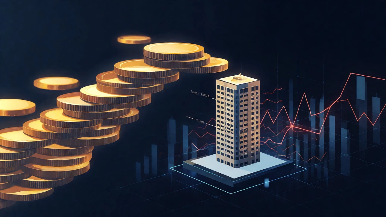 Conceptual art showing gold coins flowing into a miniature skyscraper