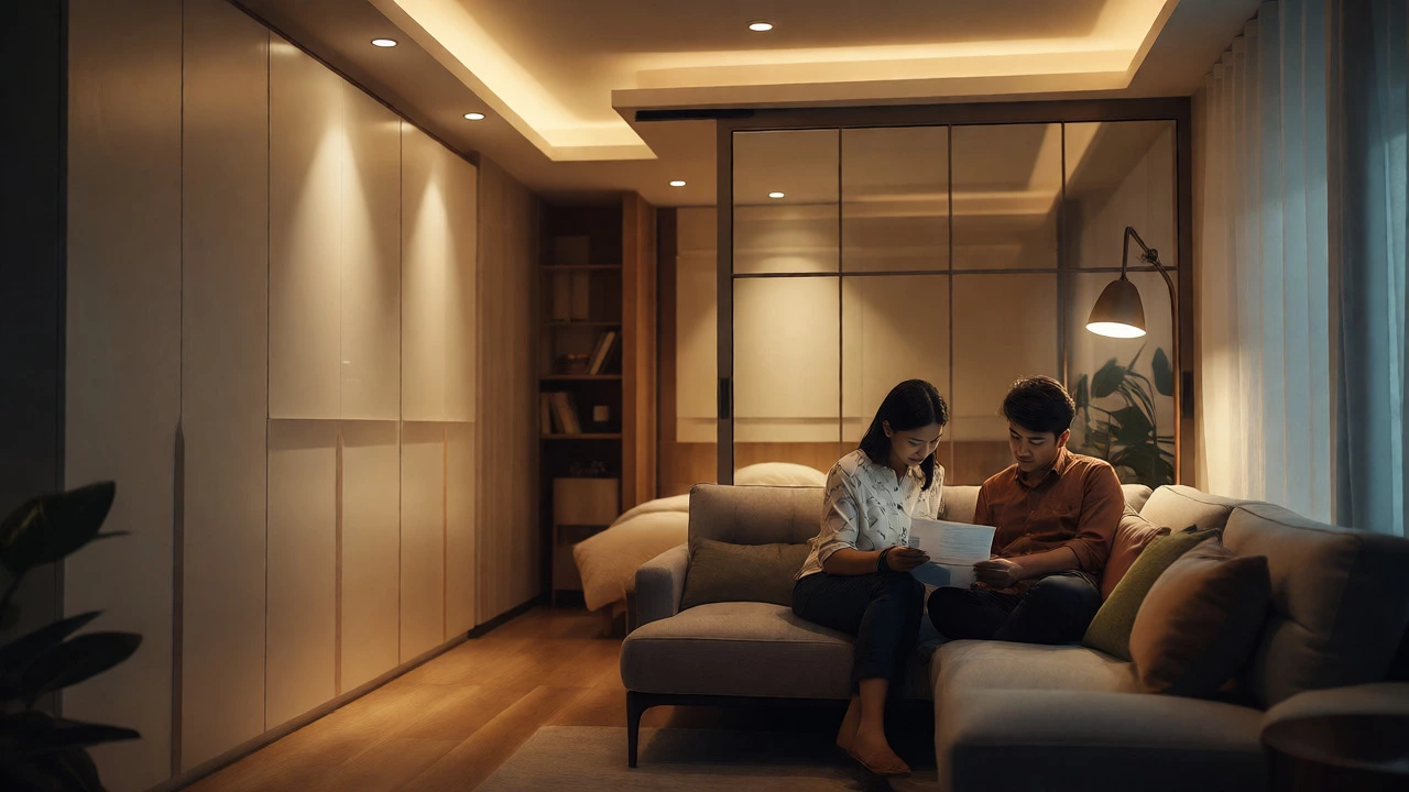 Couple relaxing in a compact apartment with vertical storage and sliding glass partition at night