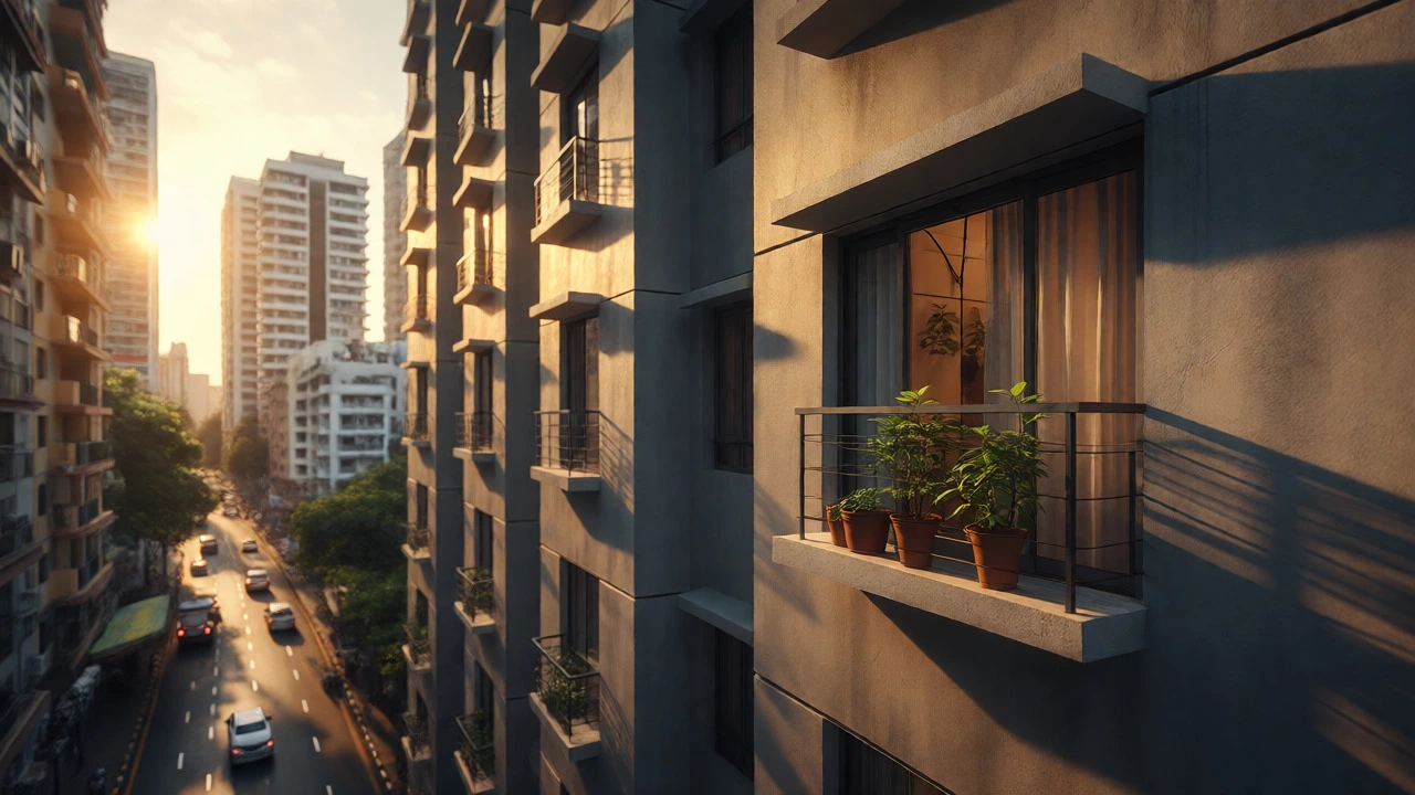 Exterior of high-rise apartment building in a dense urban area with balcony plants at golden hour