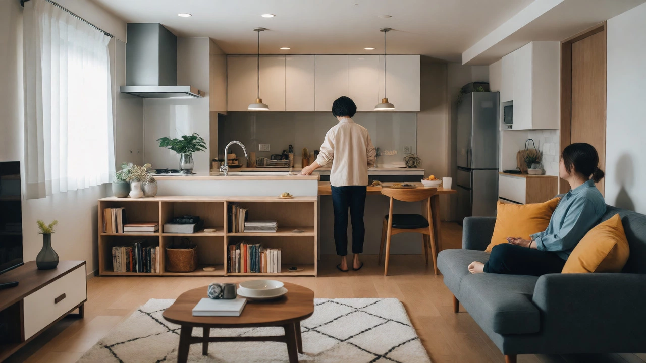 Modern LDK interior using furniture to define zones without walls, blending kitchen and living
